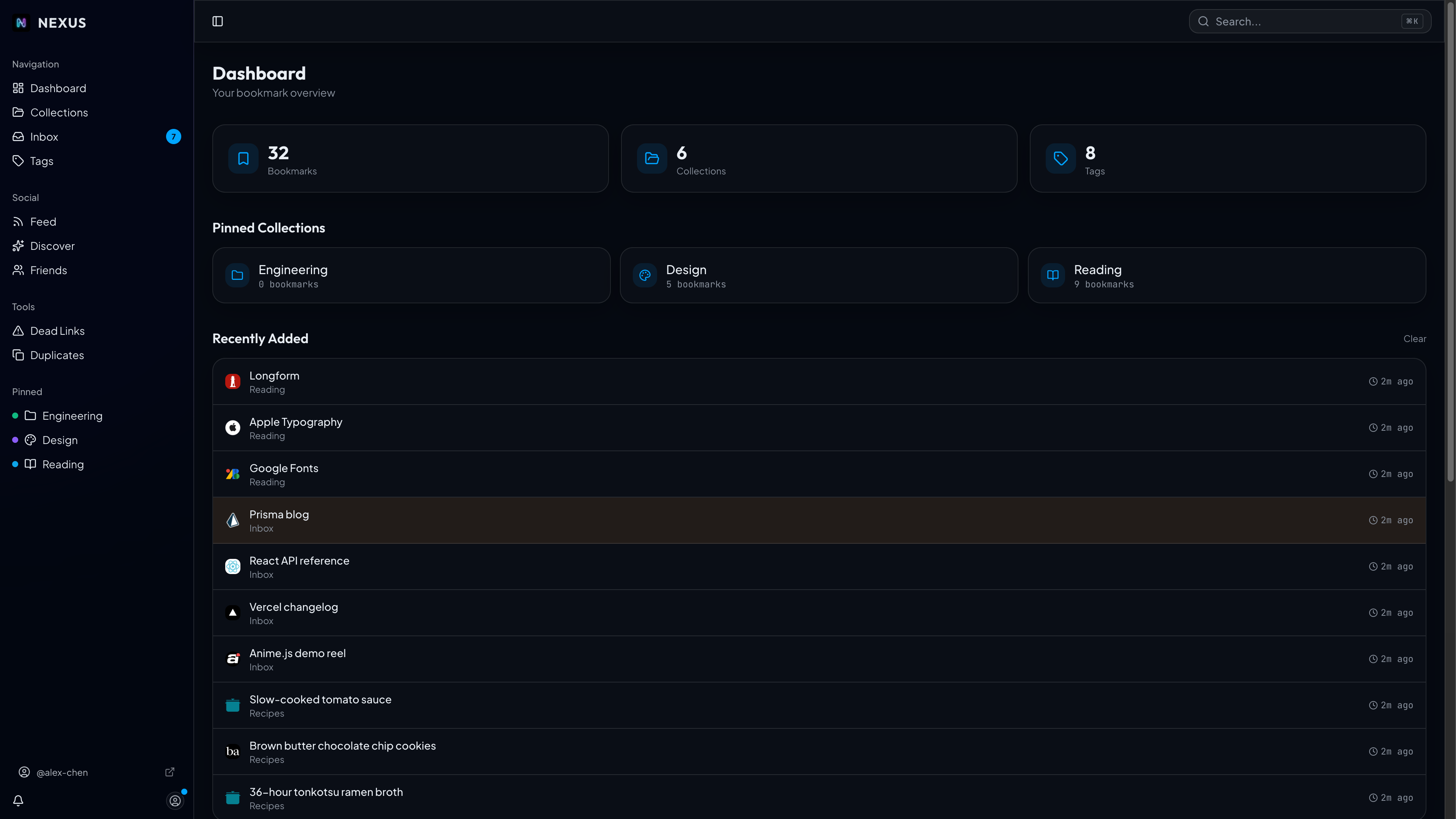 The Nexus dashboard with collection sidebar and bookmark grid.